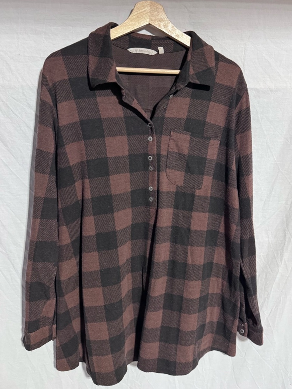 Soft Surroundings brown and black plaid tunic top Size XL